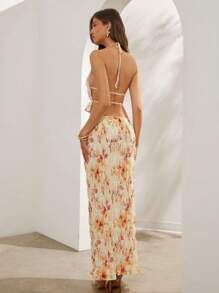 L'Amorae Floral Print Shirred Maxi Skirt For Summer Vacation