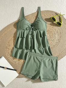 Swim Lushoire Hollow Panel Drawstring Ruffle Hem Adjustable Strap Crop Top And Boyshorts Bikini Set, Mature Woman Style, Army Green' - Army Green - View 6