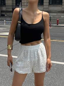 DAZY White Hollow Crochet Lace Shorts Women Casual Pants Vacation - White - View 3