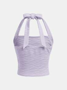 SHEIN 青少年女孩休闲纯色纹理提花针织吊带短款上衣，带蝴蝶结 - 淡紫色 - 查看 2