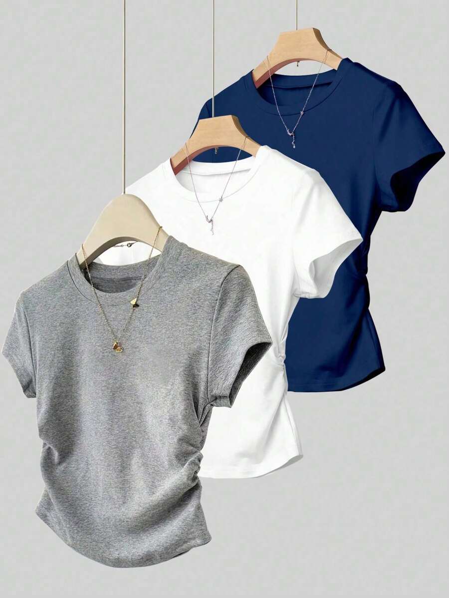 3pcs/Set Teens Girls Casual Versatile Ruched Waist Short Sleeve T-Shirt Plain Tween Shirts For Girls Plain Shirts For Girls Teen Girl Clothes Tops T Shirts - Multicolor - View 1