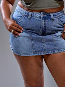 MUSERA Plus Size Low Rise Seam Pocket Detail Fitted Denim Mini Skirt Summer Streetstyle Vacation Holiday 90's Y2k Cute Casual City Muse