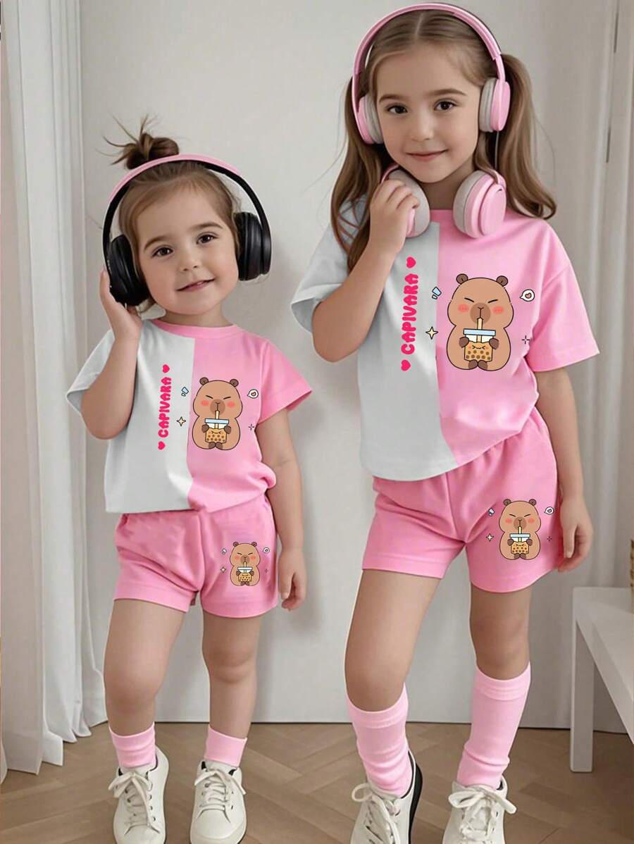 女童简约印花圆领短袖T恤短裤套装，女童夏季服装，女童套装，女童冬季套装；女童卡通印花圆领短袖休闲百搭T恤，夏季女童可爱T恤，女童服装，女童夏季T恤，女童校服，返校服装，小狗图案T恤 - 彩色 - 查看 1