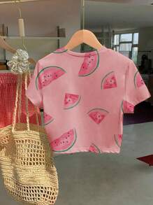 Watermelon Print Crop Tee, Casual & Breathable For Summer - Pink - View 2