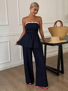 Livesso 2 件套女式撞色装饰抹胸上衣和阔腿裤休闲度假套装，秋季 - 藍色 - 查看 3