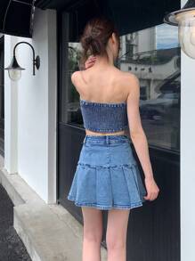 SHEIN ICON Women Casual Street Chic Flap Detail Single-Breasted Cropped Tube Top And Pleated Denim Skirt 2-Piece Set, Summer - Blue - View 2