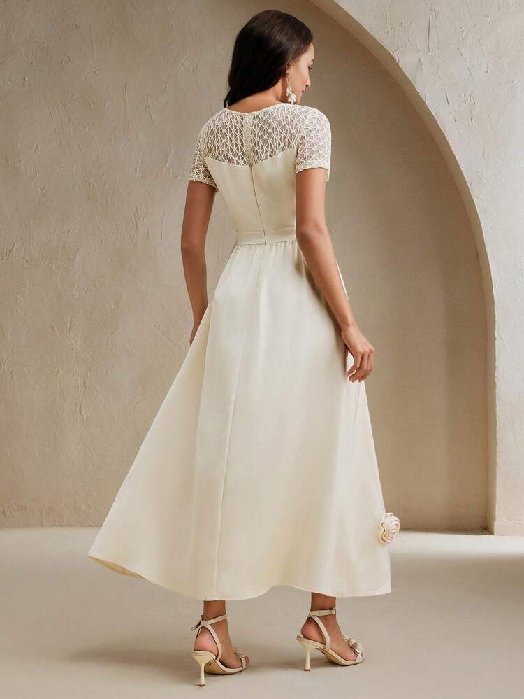 Women's Lace & Satin Patchwork Waist Ruched Floral Midi Dress
