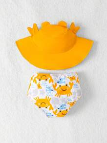 Bóxer de baño con estampado de cangrejo de dibujos animados y sombrero escultural para bebé niño