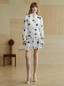 Aveloria Women's Short Style Big Wave Polka Dot Waist Slimming Chiffon Dress Simple Elegant Dress Cute Style Long Sleeved Dress White Autumn Women's Clothing, All White Party Outfit Women Fall Cloth For Women - White - View 5