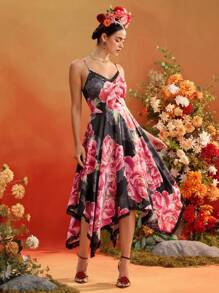 Frida Kahlo X SHEIN X Designer TIYA Floral Printed Satin Lace Inserts Asymmetric Hem Midi Dress Women Summer Dress Vacation Outfits