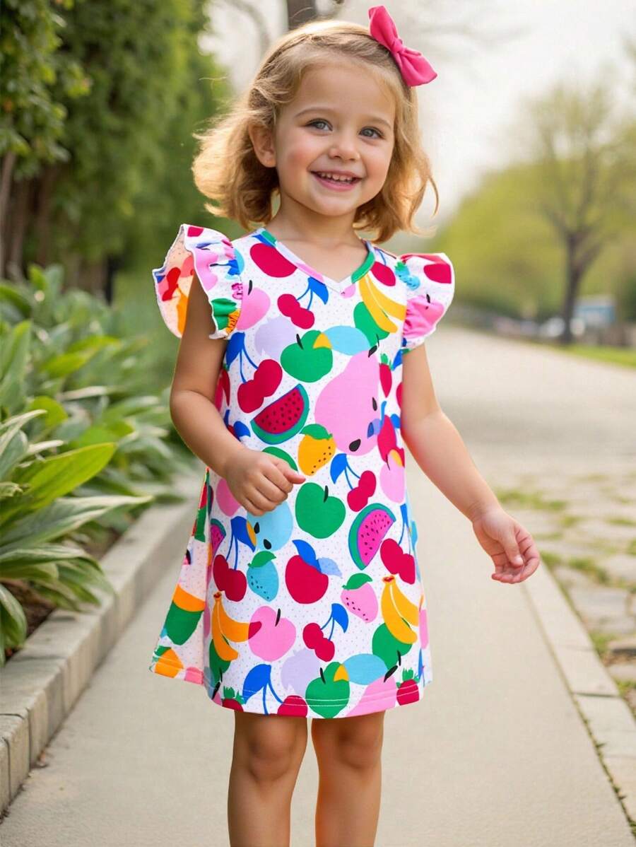 SHEIN Leap Crew Vestido de verano sin mangas de punto elástico para niña con lindo estampado de frutas, ideal para vacaciones - Blanco - Ver 1