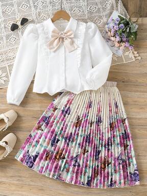 Conjunto de 2 piezas de niña preadolescente con camisa de cuello con volantes y corbata de moño y falda plisada