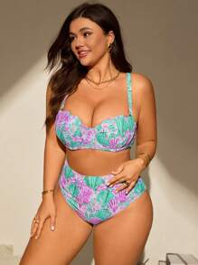 Swim Vcay 加大码女式贝壳印花加厚罩杯连体泳衣，适合海滩度假 - 彩色 - 查看 4