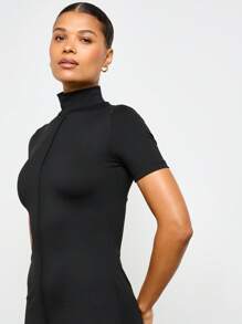 AiiRZ Luxury Form Fitting Turtle Neck Long Maxi Dress Sleek Seam Detail For Evening Party Occasions Formal Attire Fall Winter Collection - Black - View 5