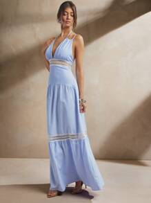 L'Amorae Damen Maxikleid mit doppeltem Träger, ärmellos, blau/weiß Popeline Streifenmuster, tiefer Ausschnitt, fließend, Sommerkleid mit transparenter Bordüre, Sommeroutfit für Damen, Strandoutfit für Damen, Outfit für den 4. Juli - Blau-Weiß - Übersicht 3