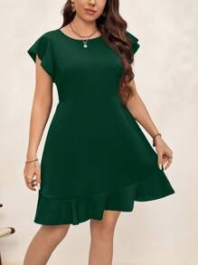 Chikora Đầm mùa hè tay ngắn màu trơn cổ tròn cỡ lớn thanh lịch, trang phục công sở cho phụ nữ - màu xanh lá - Xem 4