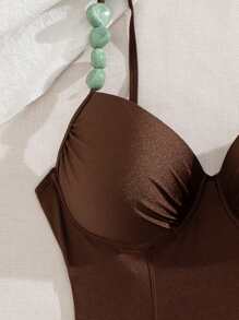 Swim Chiccia 闪亮纯色聚拢泳衣，带不可拆卸衬垫钢圈，前部可调节肩带，优雅适合海滩、泳池、派对，撞色装饰连体比基尼，适合女士 - 棕色 - 查看 6