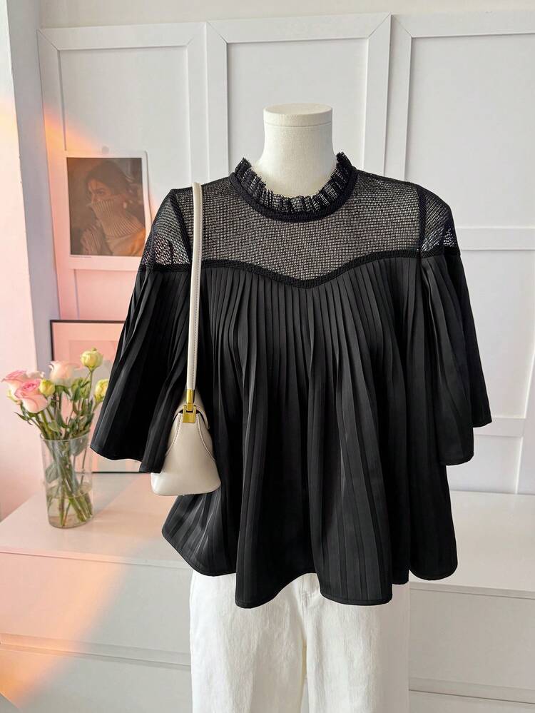 Ladies' Summer Round Neck Fabric Splice Short Sleeve Pleated A-Line Dress, Loose Casual Elegant Pullover Blouse