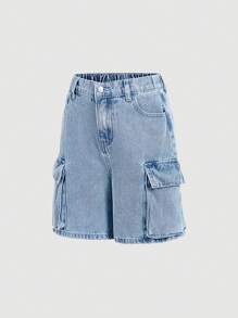 SHEIN Tween Girls' Y2K Spring Summer Flap Pocket Side Baggy Straight Leg Denim Jeans Shorts, Girls Summer Clothes Concert Outfits - Light Wash - View 5