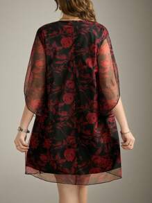 Flouryn Plus Size Women Boho Contrast Color Print Mesh Elegant Dress, Romantic Resort Wear Spring & Summer - Red - View 2