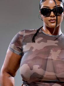 MUSERA Tricou lung cu mânecă scurtă, model camuflaj, stil de vară, stil stradal, vacanță, anii '90, Y2K, drăguț, casual, oraș, muză, mărime plus