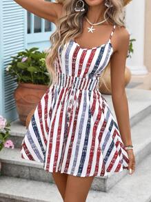 INAWLY Bộ đồ liền thân sọc đơn giản mùa hè dành cho nữ ngày 4 tháng 7, trở lại trường - Nhiều màu - Xem 4