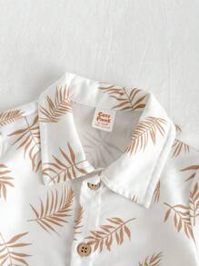 Cozy Pixies 2 Peças Conjunto de Bebê Menino com Top Cardigan de Manga Curta com Gola Polo, Estampa de Planta e Floral, e Calça Sólida de Cintura Elástica - Caqui - Visão 7
