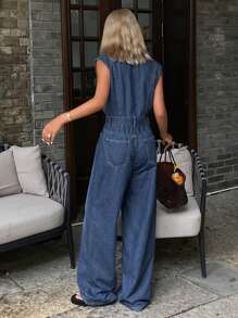 Livesso Women's Summer Washed Light Denim V-Neck Sleeveless Jumpsuit - Blue - View 2