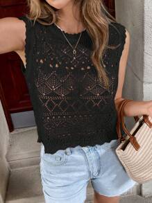 SHEIN Frenchy Women's Vacation Casual Solid Color Hollow Out Knitted Blouse Summer Black - Black - View 1