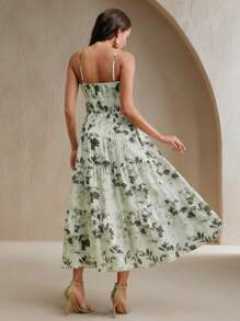 Anewsta French Countryside Plant Printed Wood Bead Strap Dress