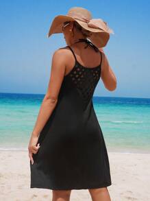 Swim Lushoire Women's Summer Beach Vacation Spaghetti Strap Hollow Back Waist Trim Dress With Coverup - Black - View 5