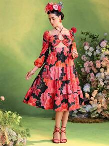 TIYA Frida Kahlo X SHEIN X Designer Floral Printed Bishop Sleeves Halter Neck Smocking Layered Midi Dress Women Summer Dress - Multicolor - View 6