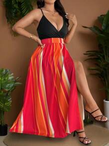 Sunserae Plus Size Women V-Neck Sling Striped Print Split Hem Dress Tropical Colorblock Floral Print Boho Vacation Fashionable Style For Summer - Hot Pink - View 5