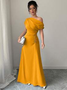 Elenzga 女式纯色斜肩+腰褶饰连衣裙 - 橘色 - 查看 4