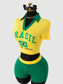 SHEIN SXY 女士日常两件套服装，女士夏季服装，图案T恤，女士短款上衣，可爱上衣，外出，夏季两件套，女士街头服饰，牙买加，巴西布拉加 - 彩色 - 查看 3