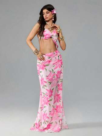 ROMWE Avant فستان بخصر منخفض وظهر مكشوف بطراز Y2K وطبعة زهور السوسن، من الشيفون، مناسب للمنتجعات والعطلات