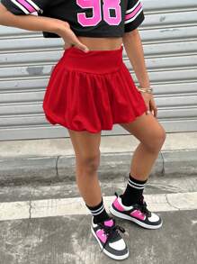 Coolane Kids 女童秋冬款基本款针织弹力舒适黑色泡泡裙 - 紅色 - 查看 4