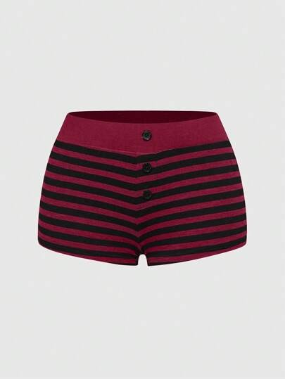 Fairycore Plus Size American Black & Grey Striped 3-Button Triangular Mini Shorts