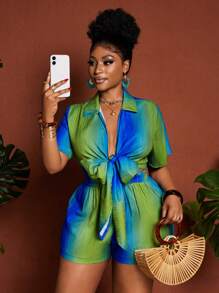 Maweii 2件套大码女式渐变色系带短款上衣和短裤