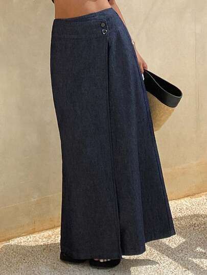Livesso 女士西部休闲纯色不对称领长款牛仔裙，夏季返校季必备单品