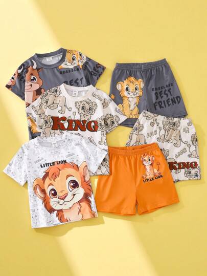 SHEIN Playful Pals Baby Boys 6 Packs Lion King Asymmetrical Placement Print Short Sleeve T-Shirt & Shorts Set, Suitable For Babies To Wear On All Occasions In Summer, 3 Different Color Patterns Provide More Choices, Fashionable And Cute Baby Boy Summer Sets Kids Baby Clothes