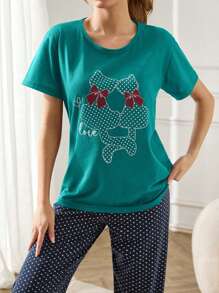 RueChic 100% Cotton 2Pcs Polka Dot &Animal Printed Short Sleeve Shirt And Polka Dot Pattern Sleep Bottom Homewear PJ Set - Green - View 4