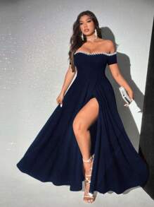 Viva Relle Plus Size Elegant Off Shoulder High Slit Dress - Navy Blue - View 1
