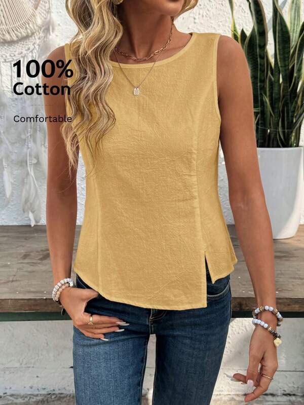 EMERY ROSE Women's Solid Color Round Neck Asymmetric Hem Casual Tank Top, Suitable For Summer