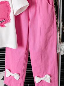 SHEIN Conjunto de 2 piezas para niñas: Camiseta de manga corta de unicolor y pantalones vaqueros estampados con mariposas y decoración de moño 3D, lindo y casual para verano, al aire libre y vacaciones para adolescentes