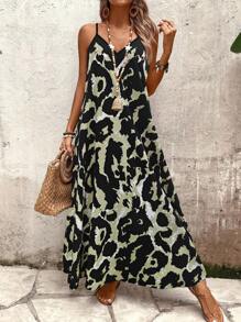 Breezaya 女士豹纹无袖连衣裙，休闲度假长裙，度假海滩装 - 軍綠色 - 查看 6