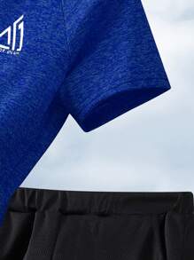 SHEIN Tween Boys Contrast Color Block T-Shirt & Shorts 2Pcs Sports Set - Royal Blue - View 3