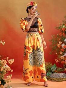 ISELACOS Frida Kahlo X SHEIN X Designer 花卉和昆虫印花褶皱阔腿及地长裤，女夏季花卉印花裤橙色裤子女阔腿裤蝴蝶印花裤花裤昆虫印花裤高腰裤印花裤 - 黃色 - 查看 5