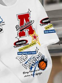 SHEIN Camiseta de manga corta con cuello redondo, estilo casual y clásico de moda urbana para adolescentes, con logo, gráfico de baloncesto y etiqueta, adecuada para el verano