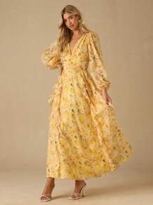 Enchnt 女式花卉印花 V 领灯笼袖褶皱荷叶边下摆优雅连衣裙